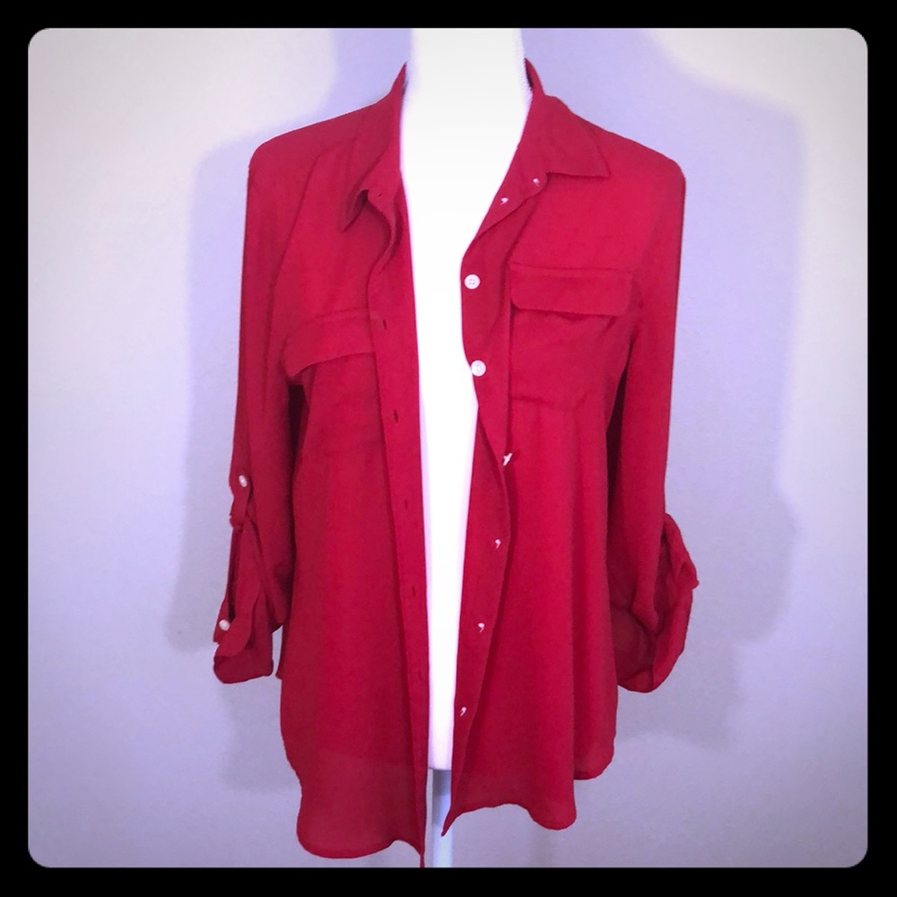 Ann Taylor Loft red button up blouse LP lg petite